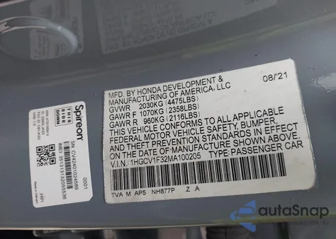 2021 Honda Accord Sport from USA, damaged, VIN 1HGCV1F32MA100205